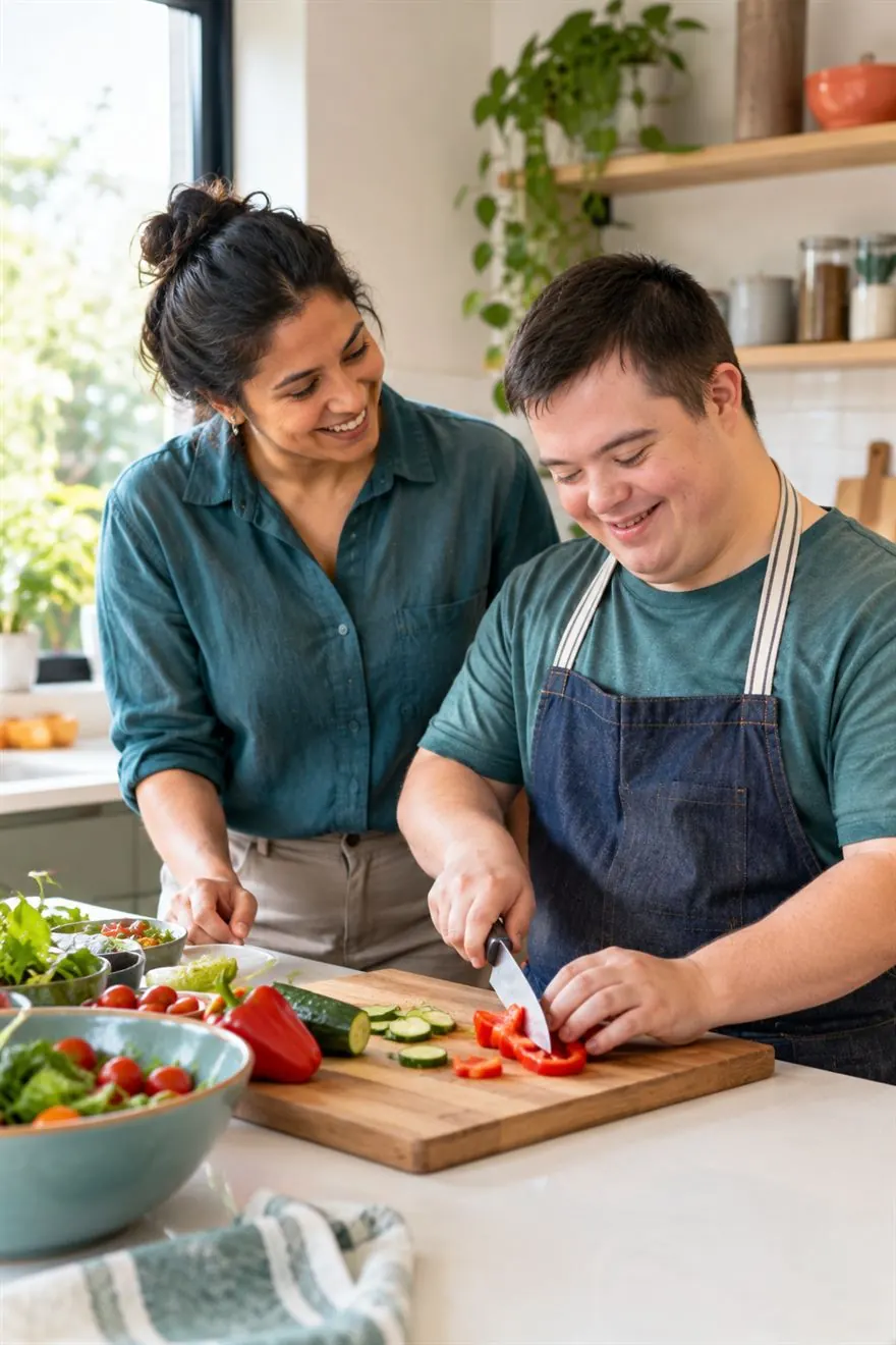 A young man with Down syndrome preparing lunch in his kitchen with his support worker