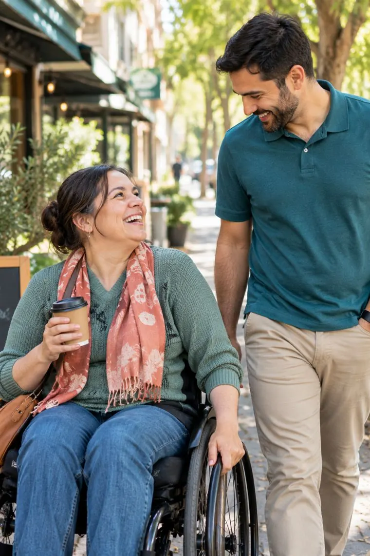 A woman in a wheelchair laughing with her support worker outside a local café