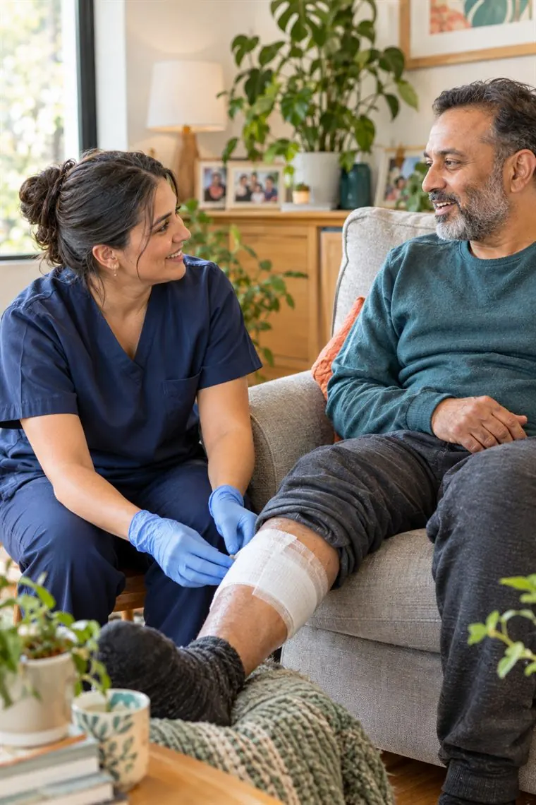 A registered nurse checking a leg dressing for a man in his living room