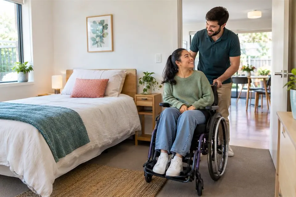 A support worker with a woman in a wheelchair in a bright, accessible short-stay bedroom