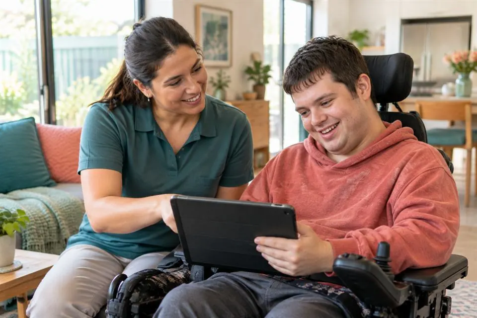 A support worker and a young man in a power wheelchair planning his day on a tablet