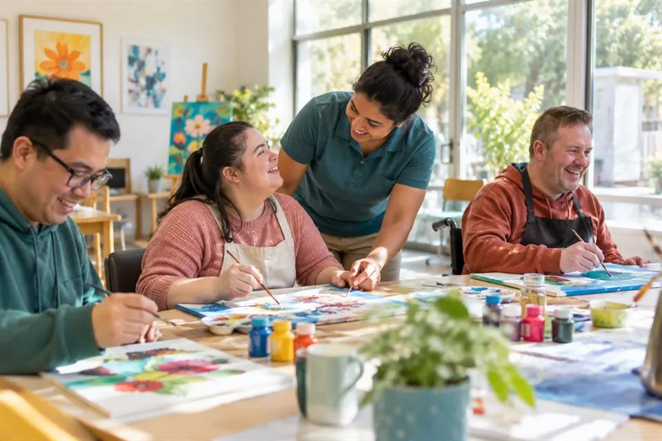 Adults painting together at a community art class with a support worker