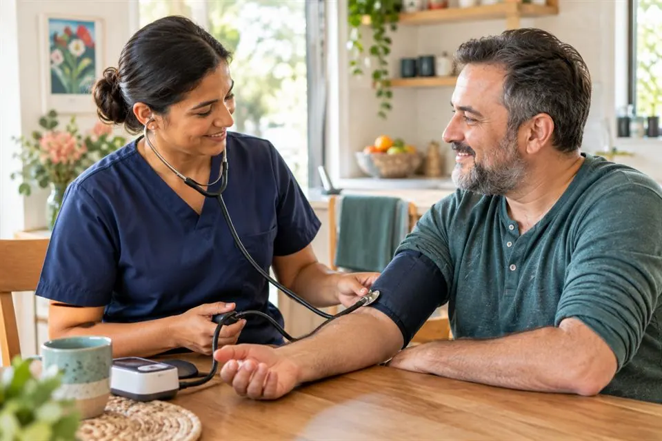 A registered nurse checking a man's blood pressure at his kitchen table