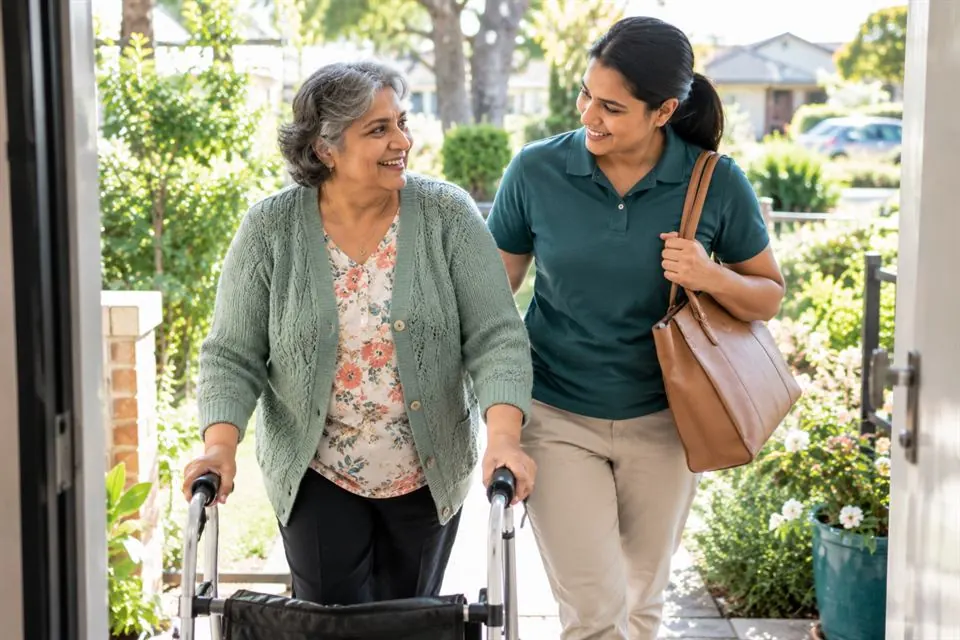 A woman using a walking frame arriving home with her support worker