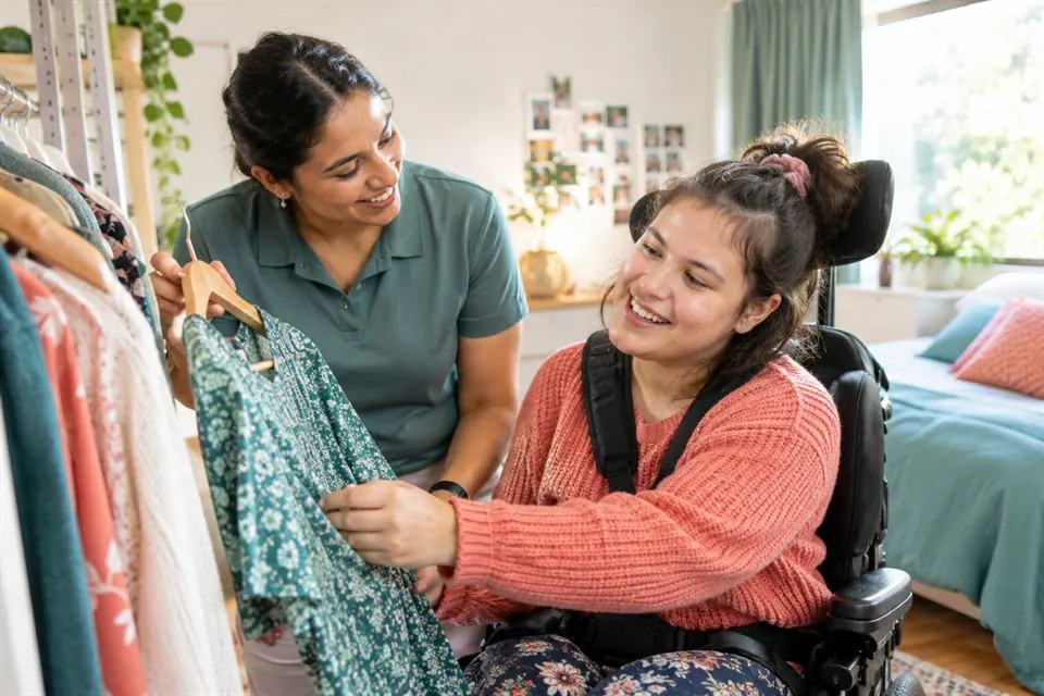A support worker helping a young woman in a wheelchair choose an outfit in her bedroom