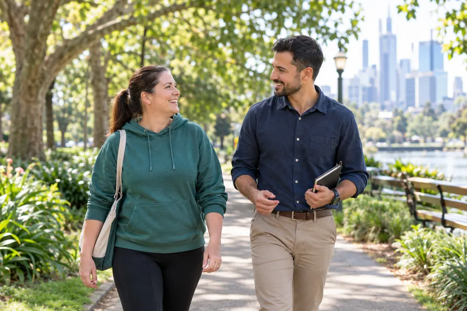 A woman walking and talking with her recovery coach along a leafy park path near the city
