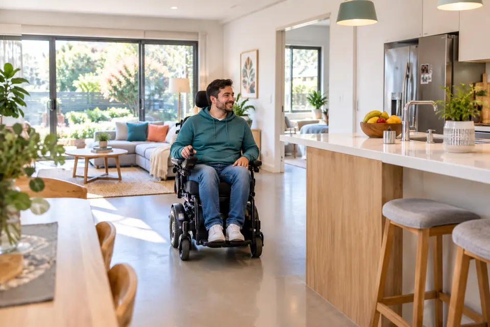 A man in a power wheelchair moving through the open-plan living area of an accessible home
