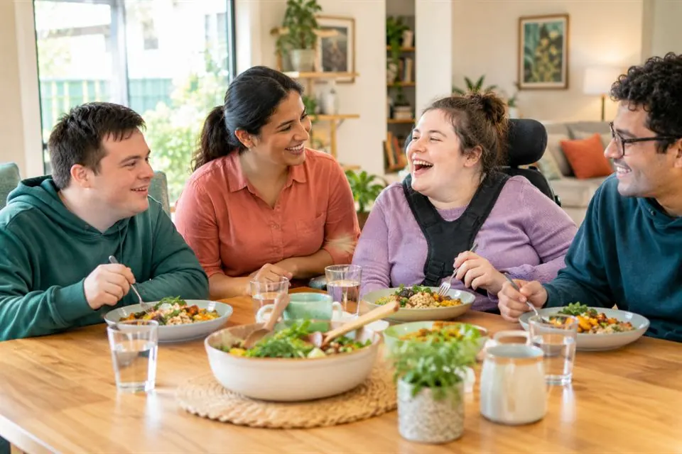 Housemates sharing dinner with their support worker in a shared home
