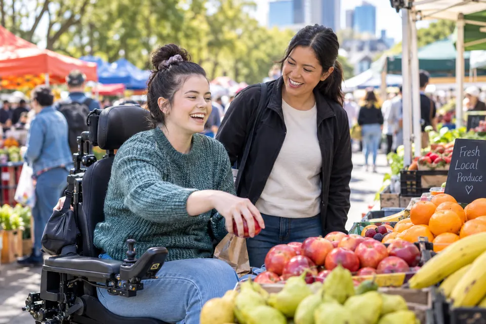 A young woman in a power wheelchair choosing apples at a local market with her support worker
